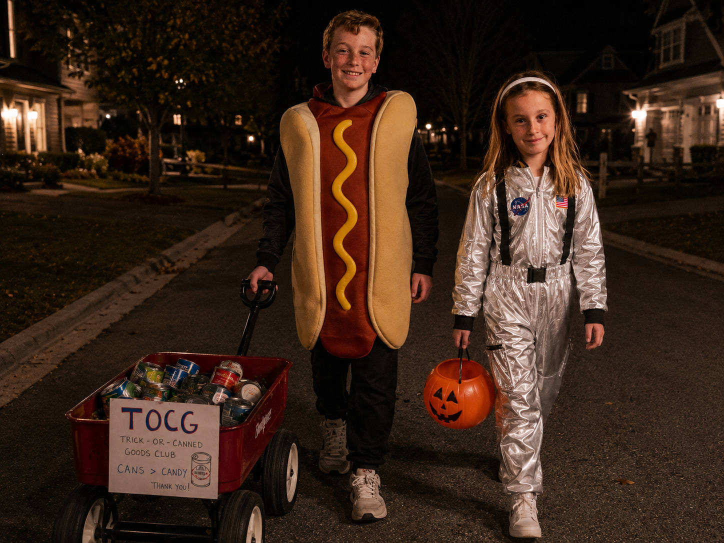 Jackson and Eloise, founders of TOCG Club, in Halloween costumes with a wagon full of canned goods
